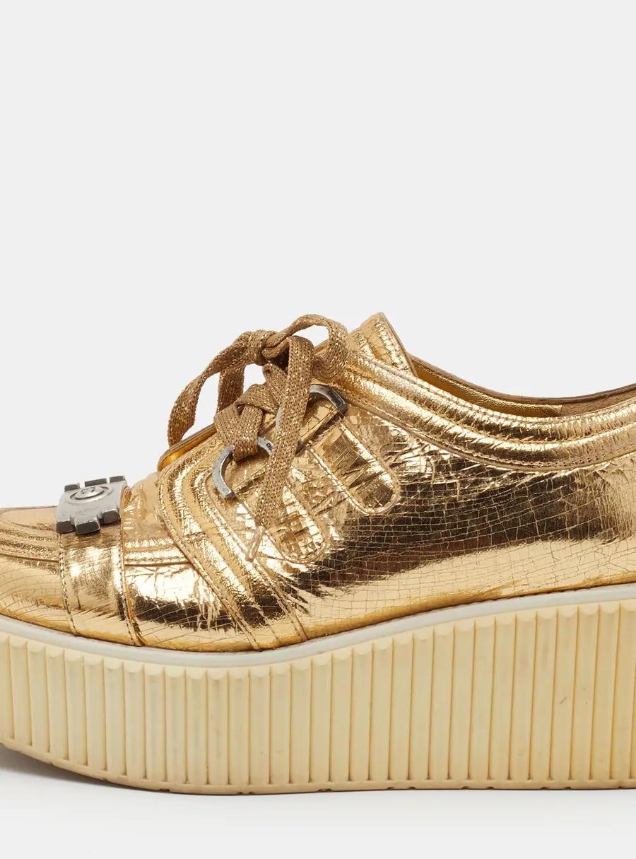 Chanel CC Size 36.5 Gold Distressed Foil Leather Creepers Platform Sneakers