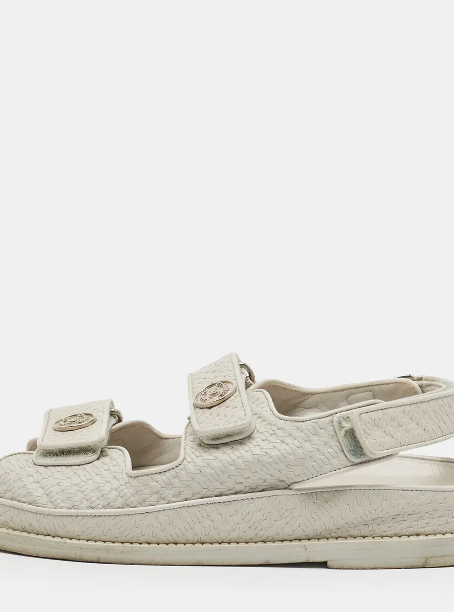 Chanel Dad Size 36.5 Grey Embossed Leather Ankle Strap Sandals