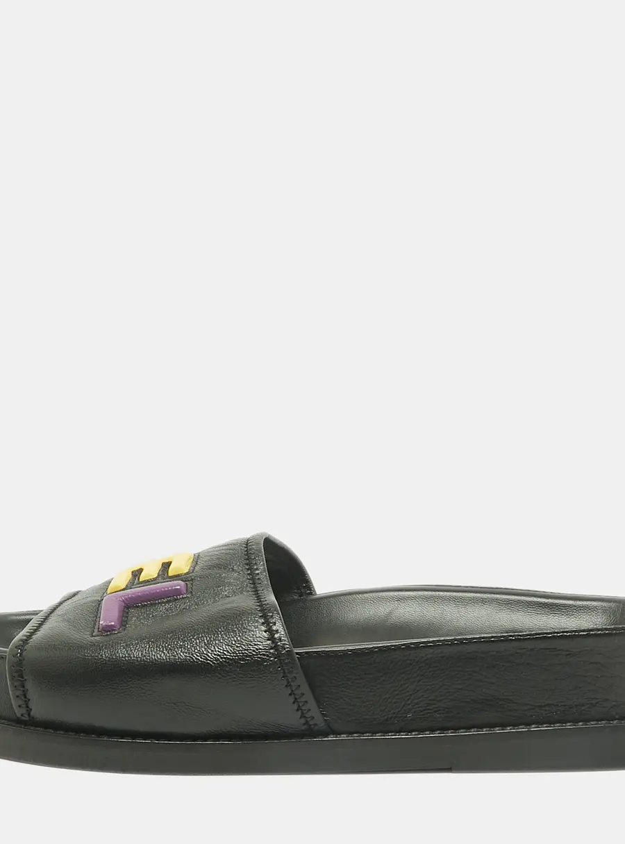 Chanel CC Size 37 Black Leather Slide Sandals