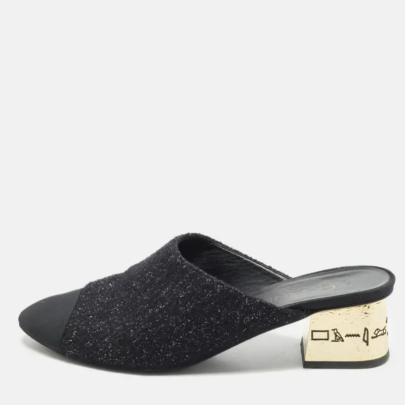 Chanel CC Size 38 Black Canvas and Lurex Fabric Mules