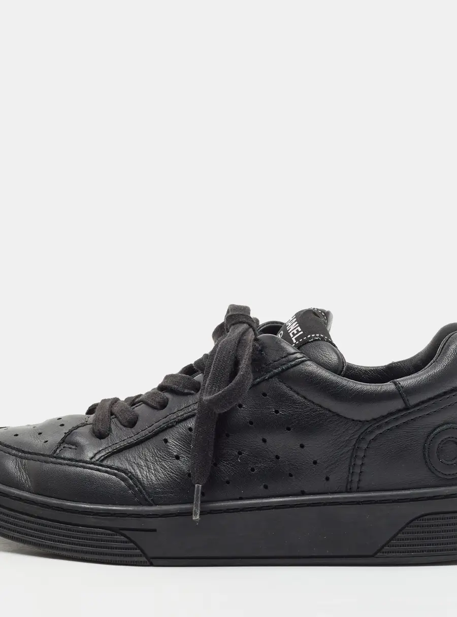 Chanel CC Size 38 Black Perforated Leather Lace Up Sneakers