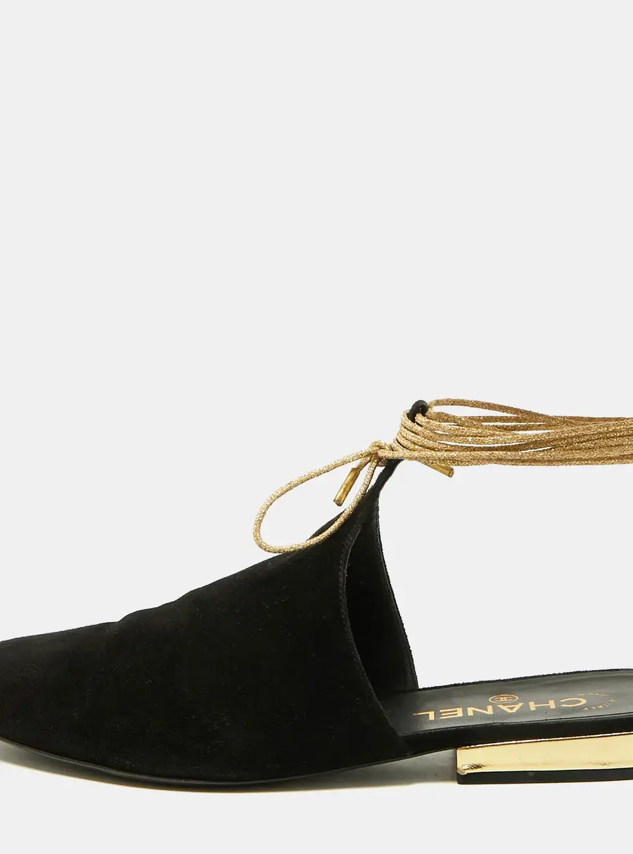Chanel Size 38.5 Black Suede Ankle Wrap Mules