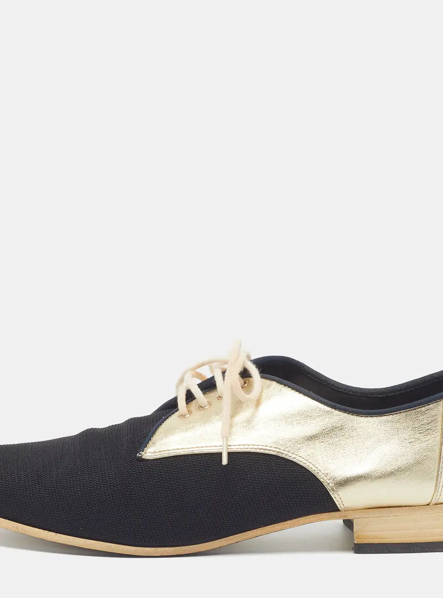 Chanel Size 38 Gold/Black Canvas and Leather Oxfords