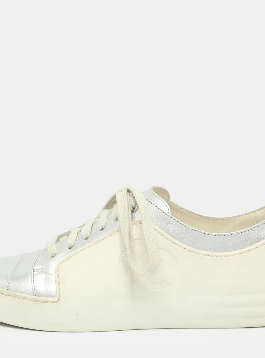 Chanel CC Size 37.5 Silver/White Leather and Rubber Lace Up Sneakers