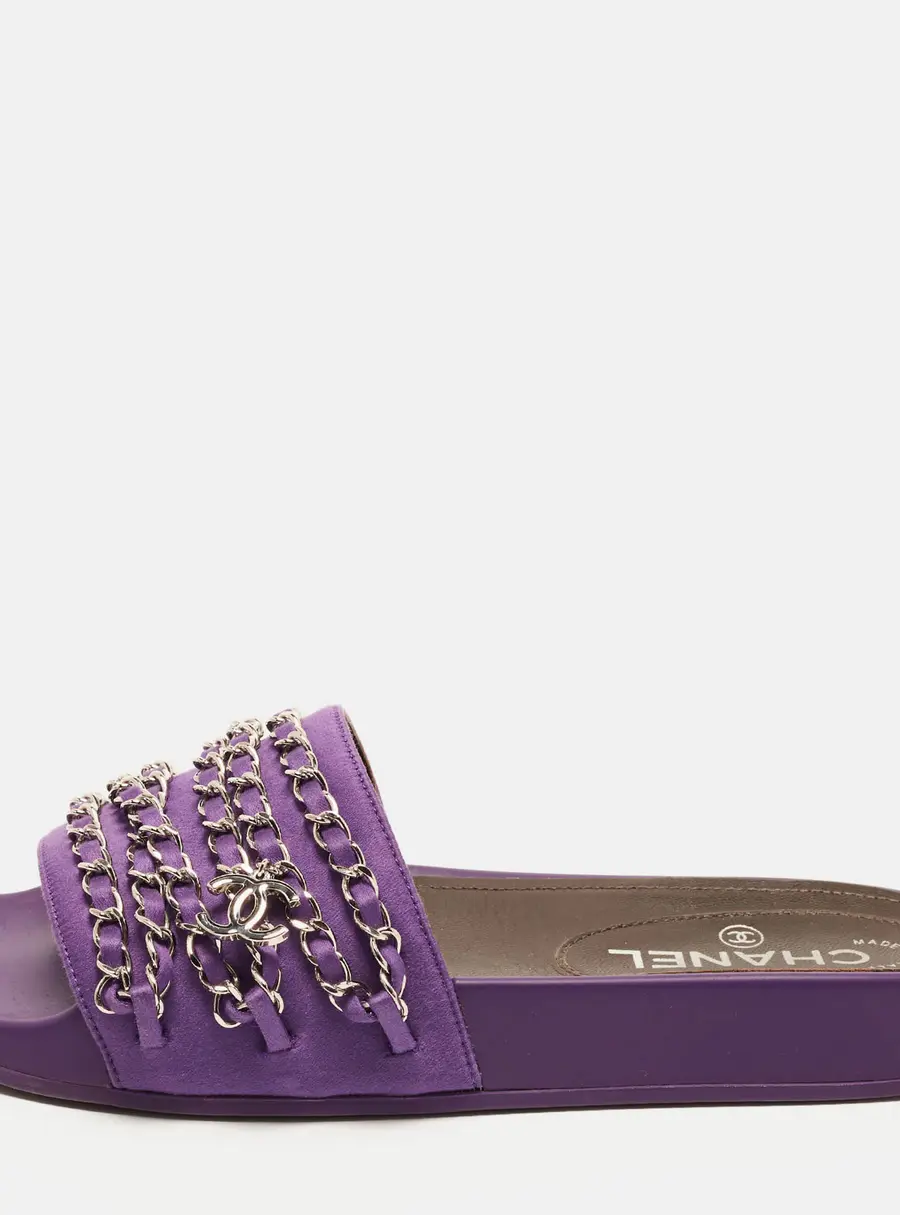 Chanel CC Tropiconic Size 37 Purple Satin Chain Flat Slide