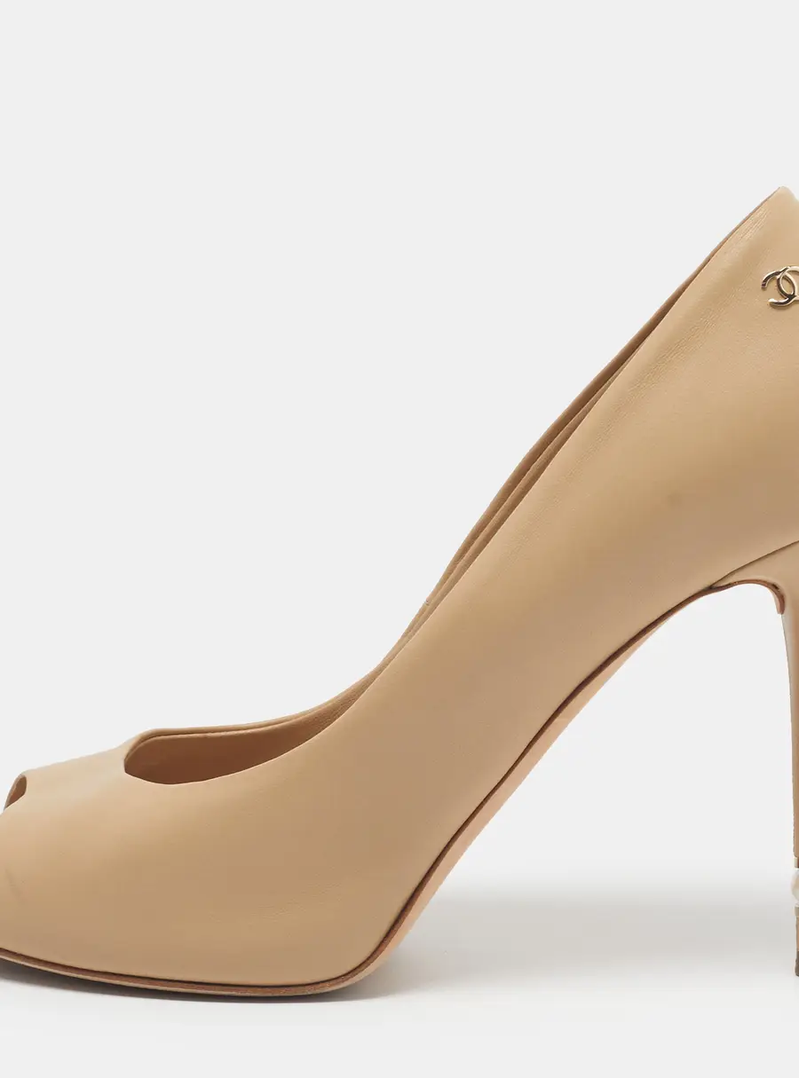Chanel CC Size 41 Beige Leather Pearl Heel Peep Toe Pumps