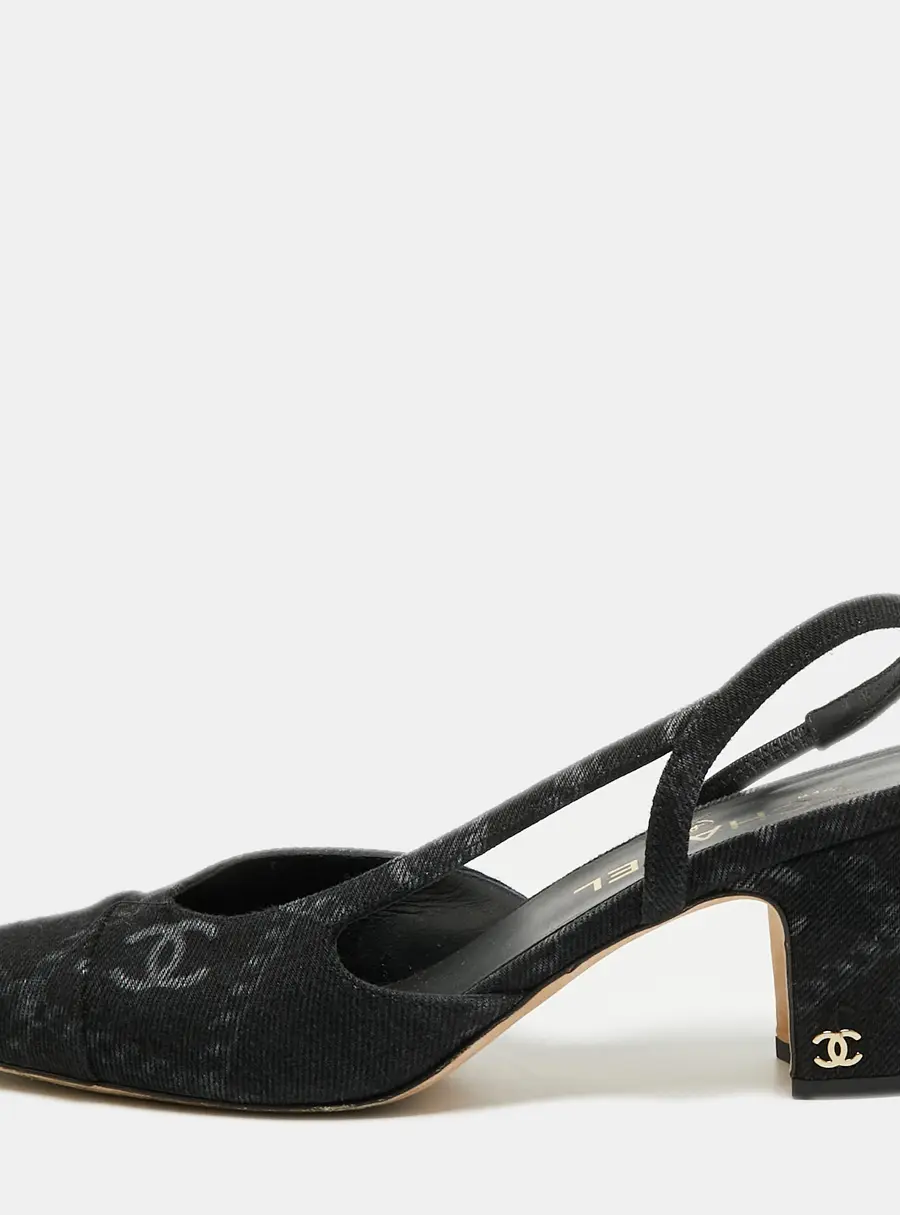 Chanel CC Size 39.5 Black Denim Slingback Block Heel Pumps