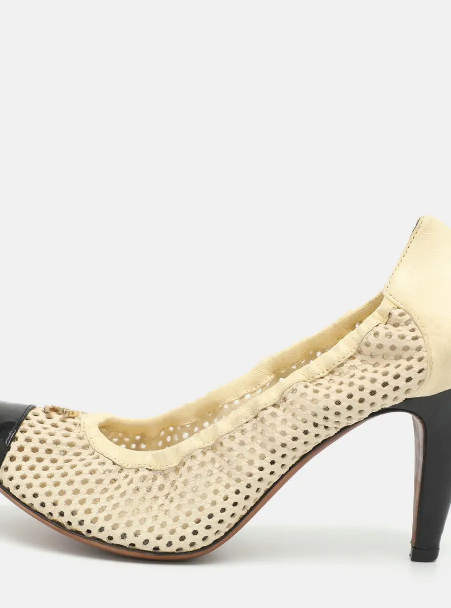 Chanel CC Pearl Embellished Size 37.5 Cream Perforated Leather Cap Toe Pumps
