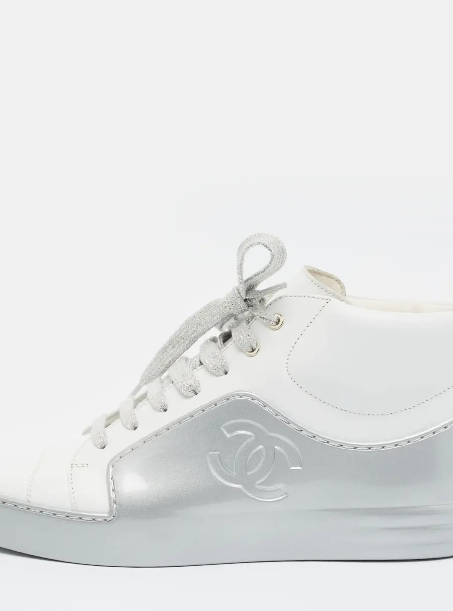 Chanel CC Size 37.5 White/Silver Leather and Rubber High Top Sneakers