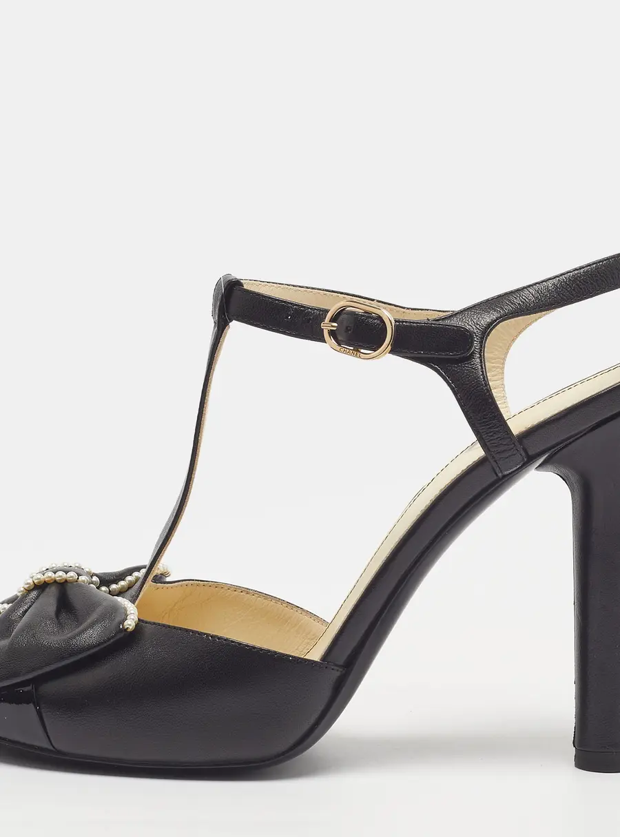Chanel Bow Size 38 Black Leather and Patent Bow Pearl Embellished Ankle Strap Pumps