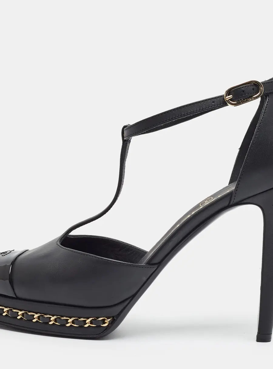 Chanel CC Size 38.5 Black Leather and Patent Chain Details Platform T-Strap Pumps