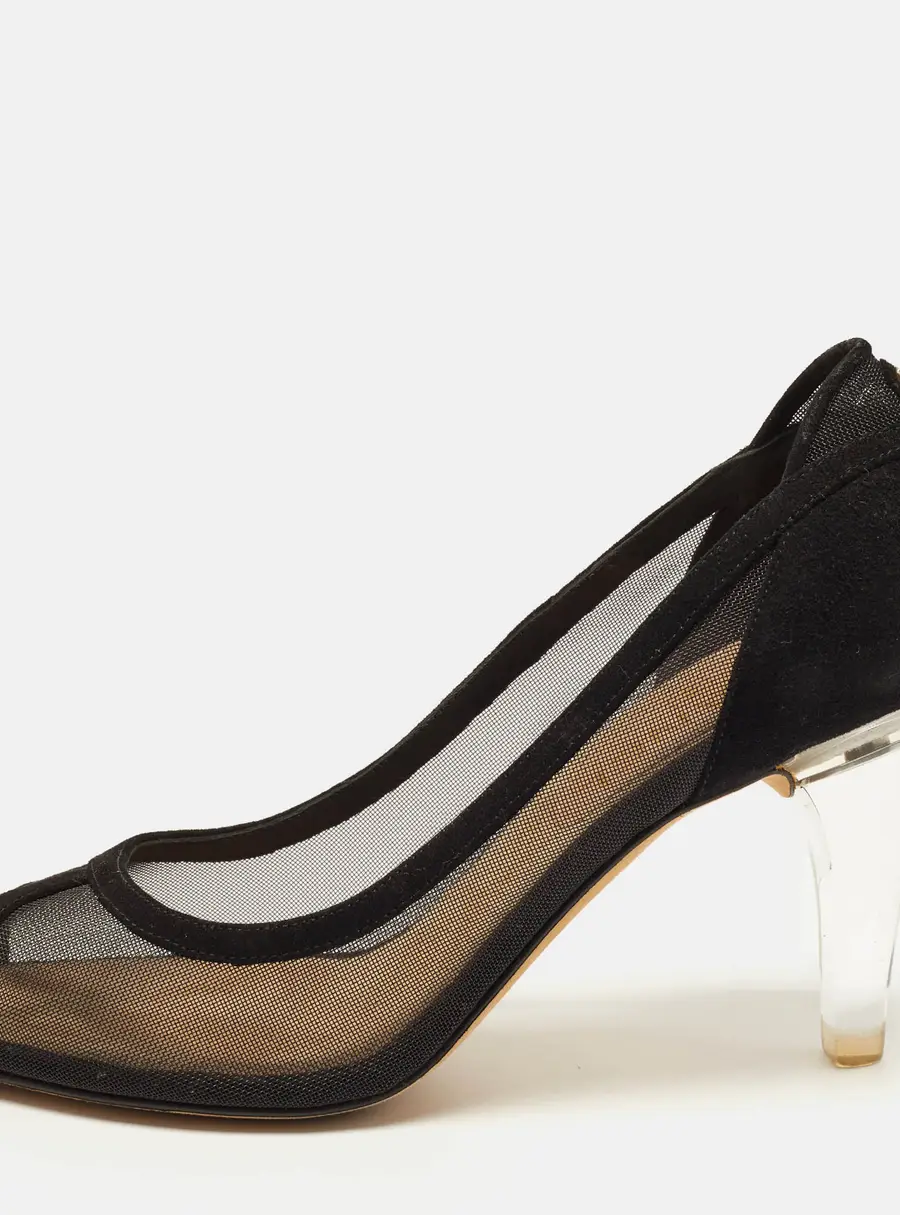 Chanel CC Size 36 Black Mesh and Suede Peep Toe Pumps