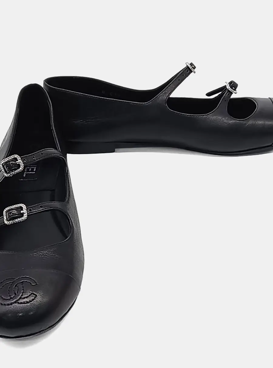 Chanel Black CC Cap Toe Buckle Flat Shoes