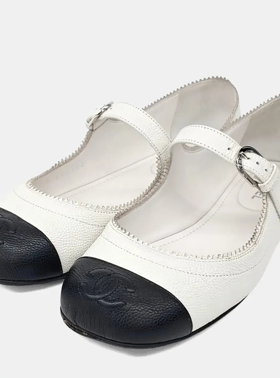 Chanel White/Black Leather CC Mary Jane Flats