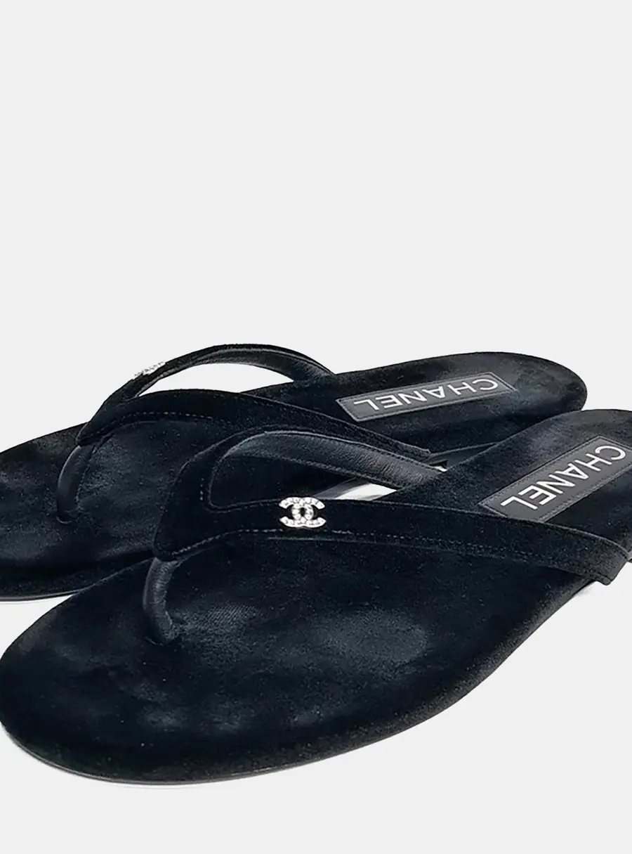 Chanel Black Velvet Flip-Flops Size 37