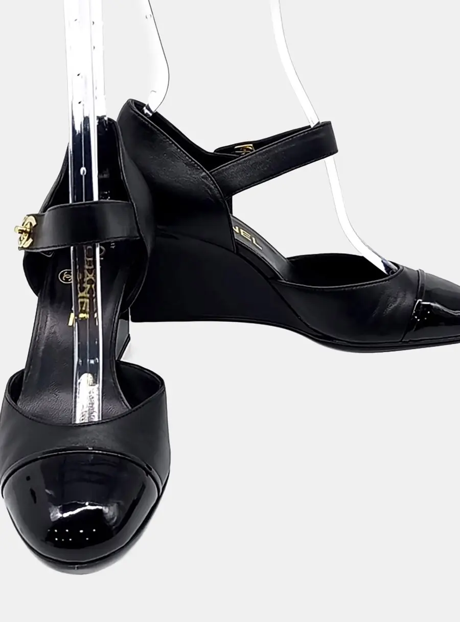Chanel Mary Jane Wedge Black Leather Shoes EU 37