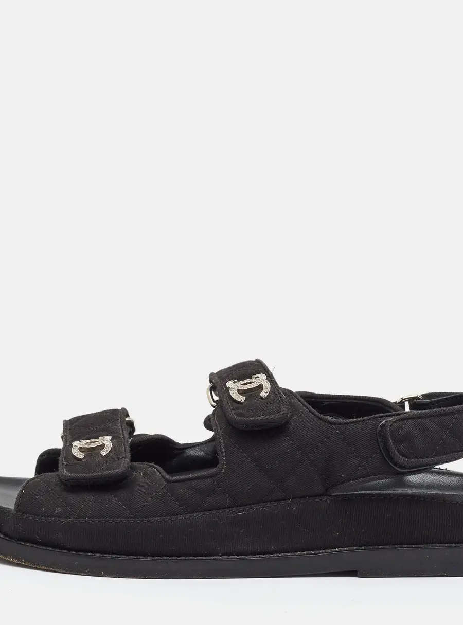 Chanel Dad Size 37 Black Denim Slingback Flat Sandals