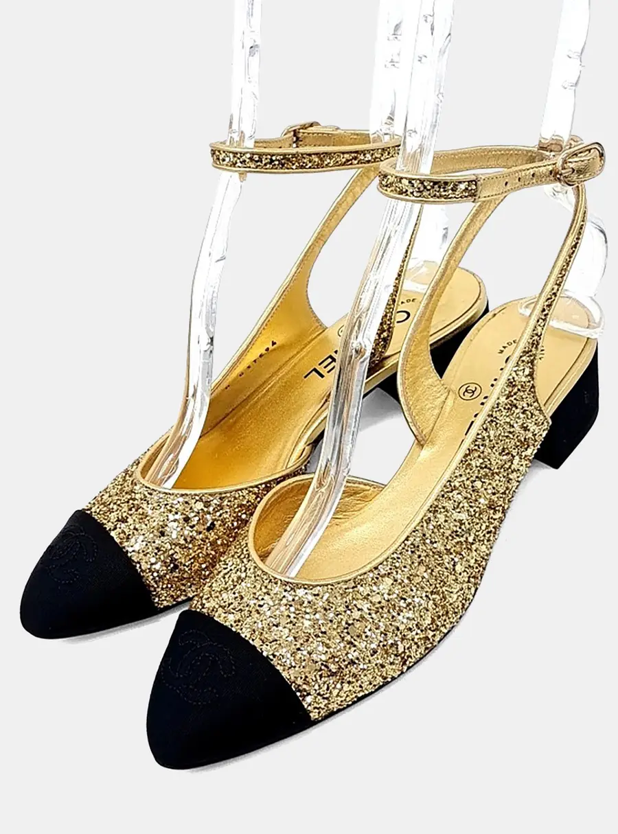 Chanel Black/Gold Leather Glitter Slingback EU 36.5