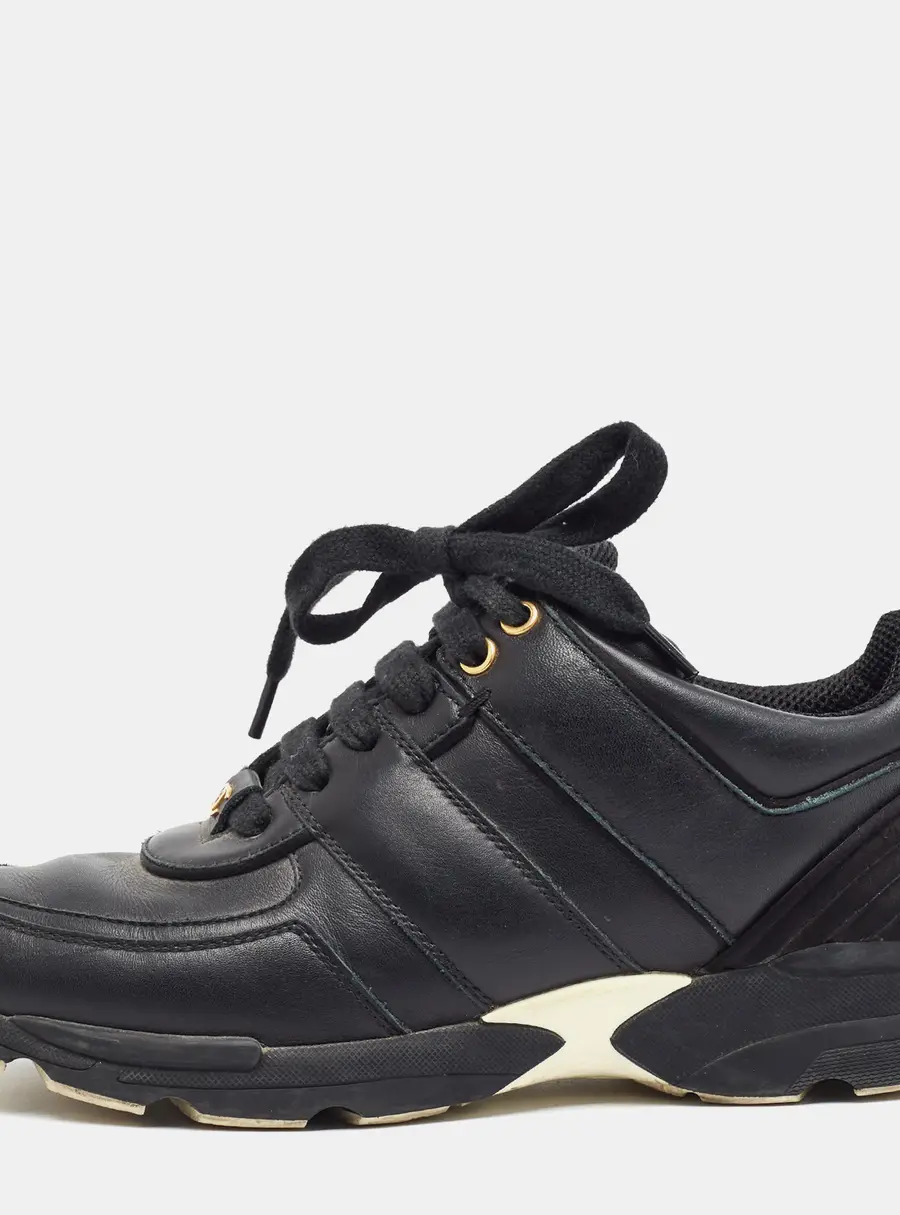 Chanel CC Size 37 Black Leather Lace Up Sneakers