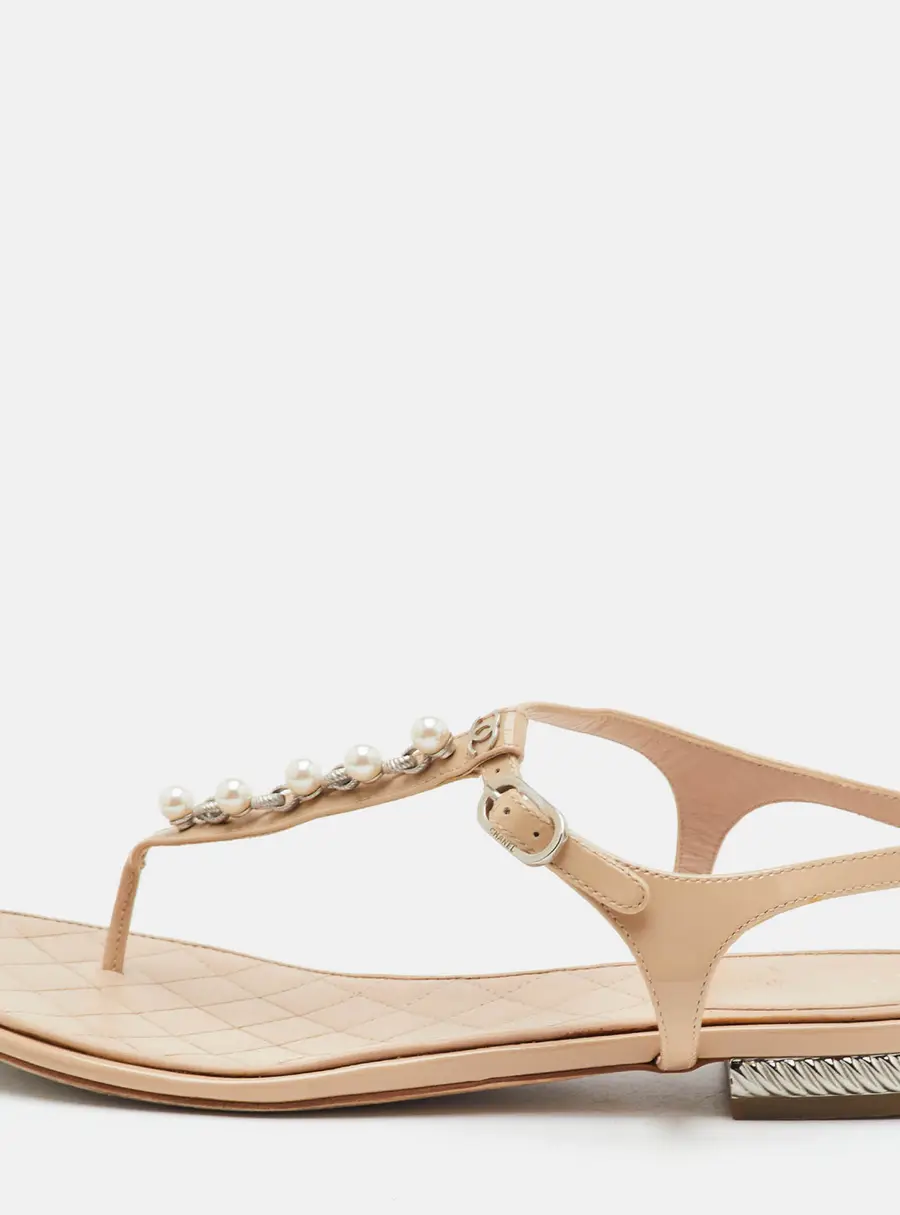 Chanel CC Size 37 Beige Patent Leather Faux Pearl T-Strap Flat Sandals