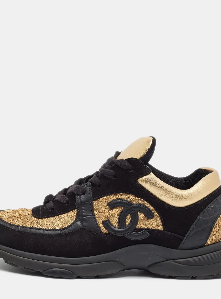 Chanel CC Size 40 Black/Gold Lurex Fabric and Suede Lace Up Sneakers