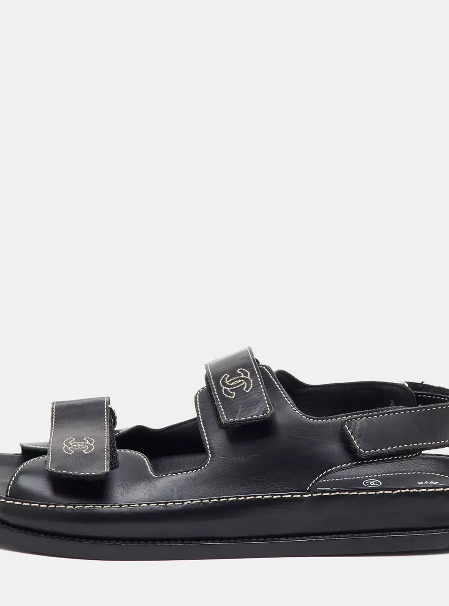 Chanel Dad Size 41.5 Black Leather CC Contrast Stitching Ankle Strap Sandals