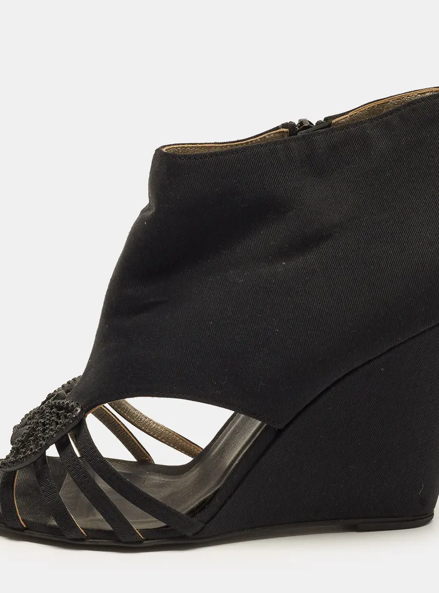 Chanel Size 38.5 Black Canvas Open Toe Wedge Sandals