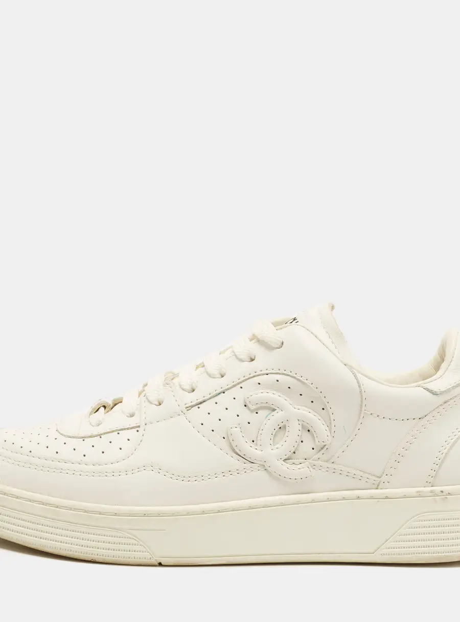 Chanel CC Size 36.5 White Leather Lace Up Sneakers