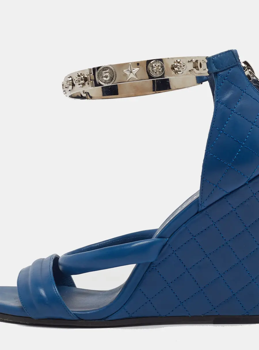 Chanel Size 37.5 Blue Leather Charm Embellished Ankle Cuff Wedge Sandals