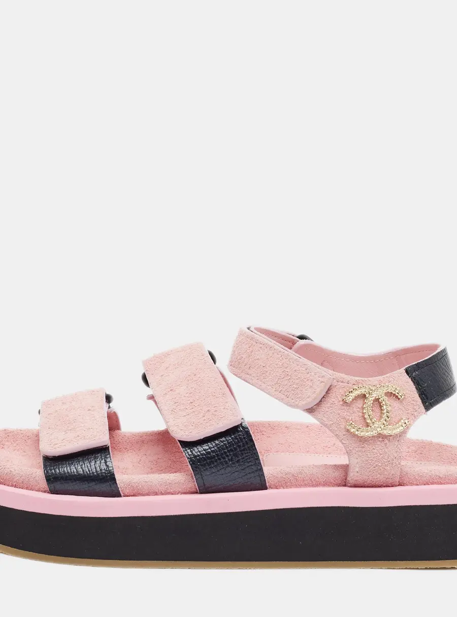 Chanel Dad Size 37 Pink/Black Leather and Suede Slingback Sandals