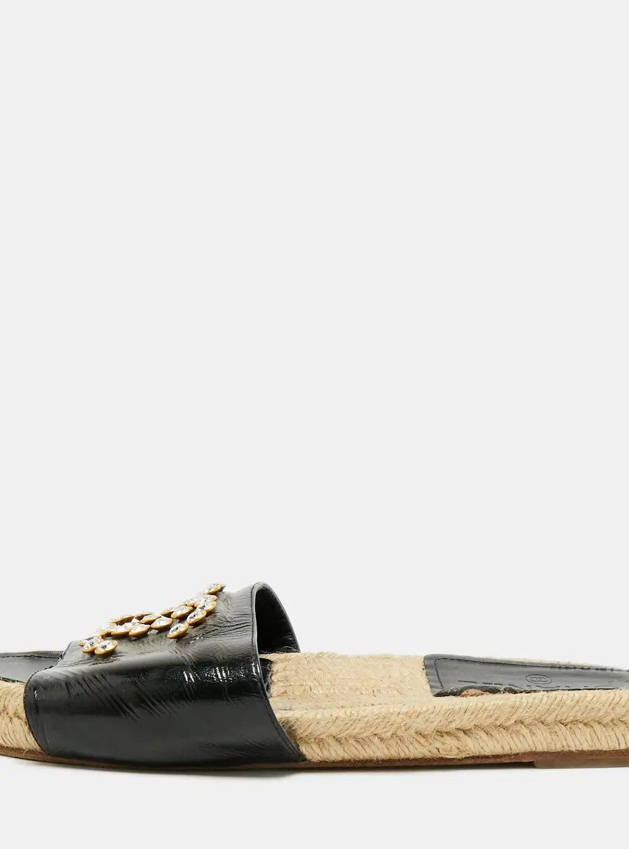 Chanel CC Size 39 Black Leather Crystal Embellished Espadrille Flat Slide