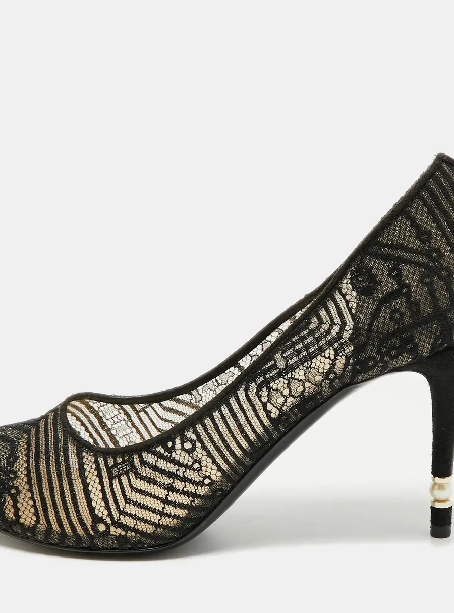 Chanel Size 41 Black Lace and Mesh Round Toe Pumps