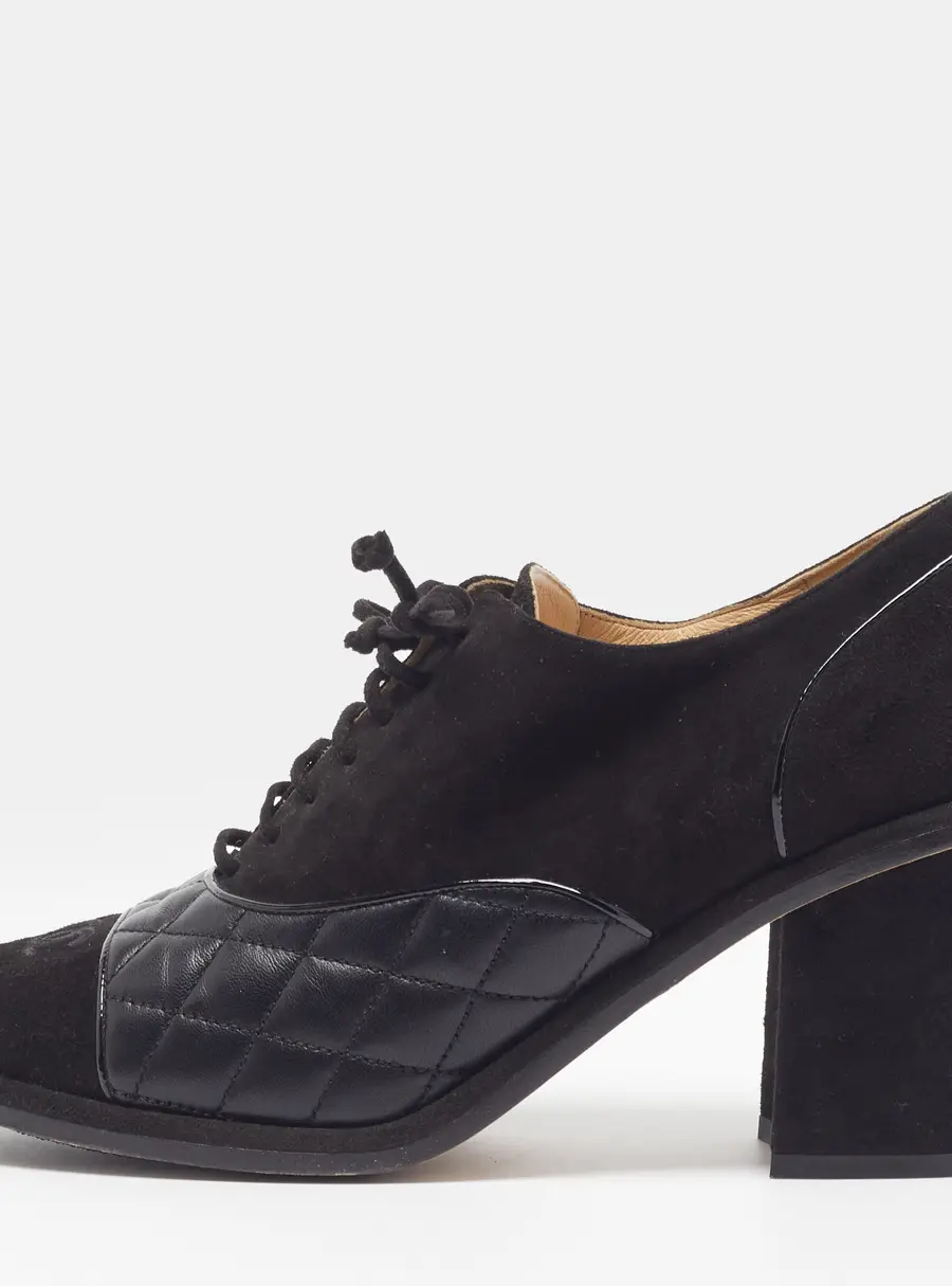 Chanel  Size 39.5 Black Suede and Leather CC Block Heel Oxford Booties