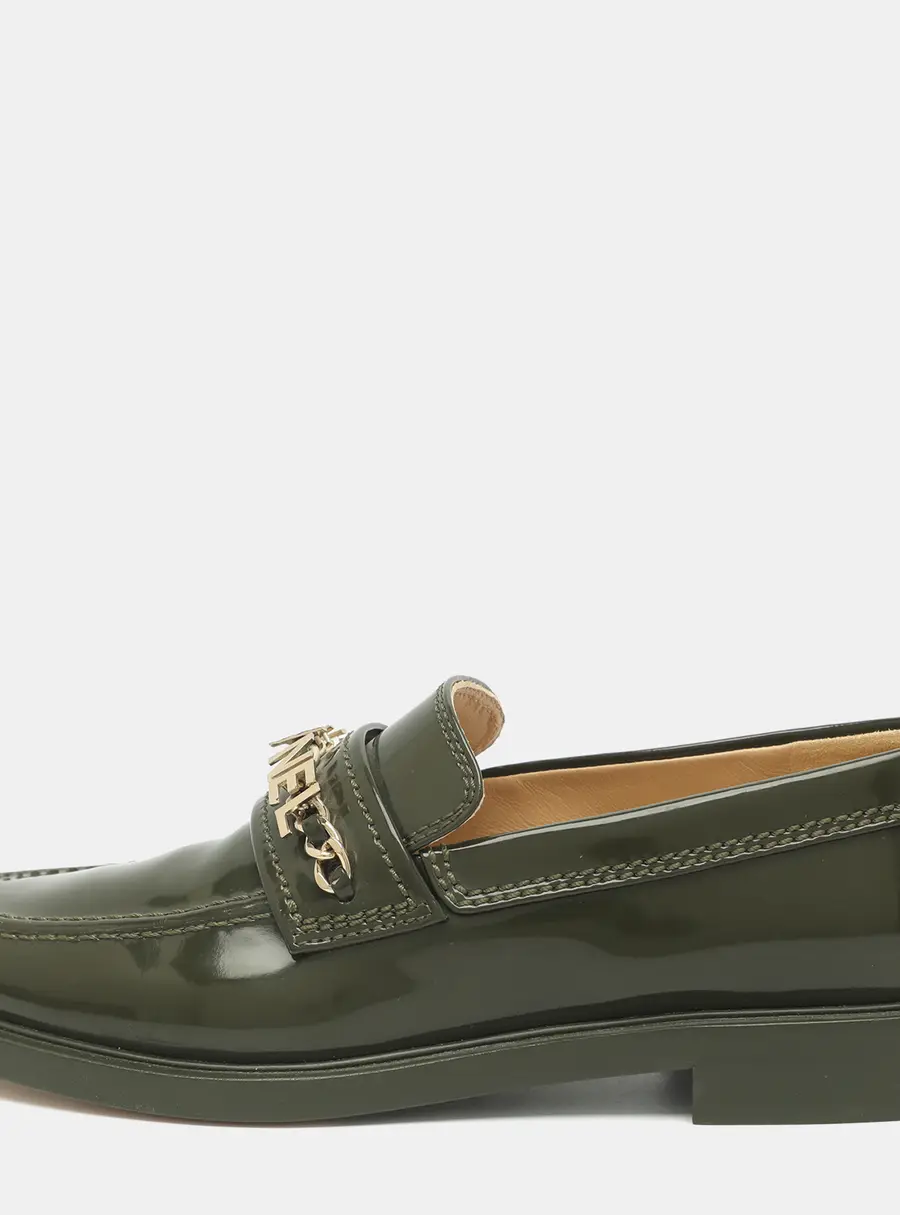 Chanel CC Chain Logo Size 38 Olive Green Patent Leather Loafers