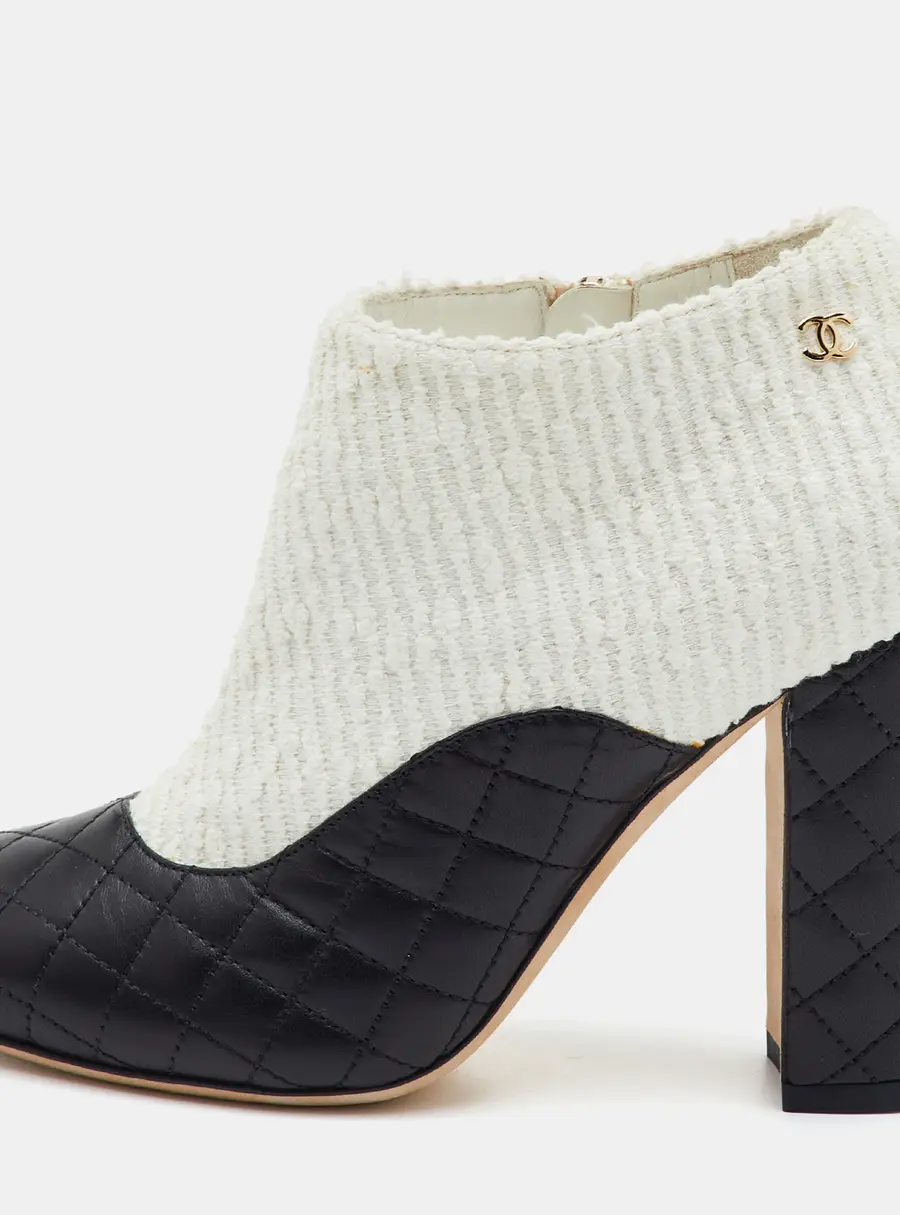 Chanel CC Size 36 Black/White Leather and Fabric Block Heel Ankle Length Boots