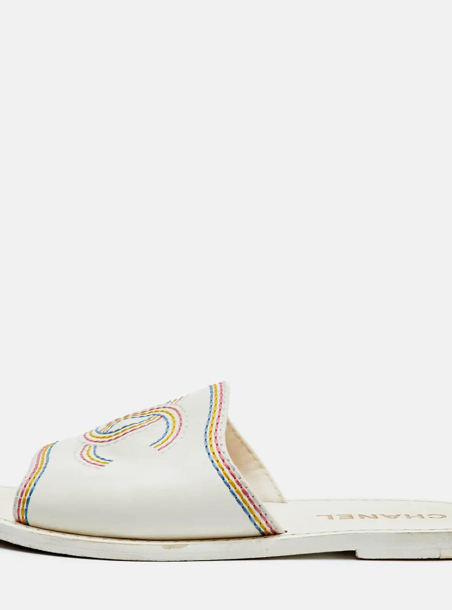 Chanel CC Size 37 White Leather Rainbow Stitching Flat Slide Sandals