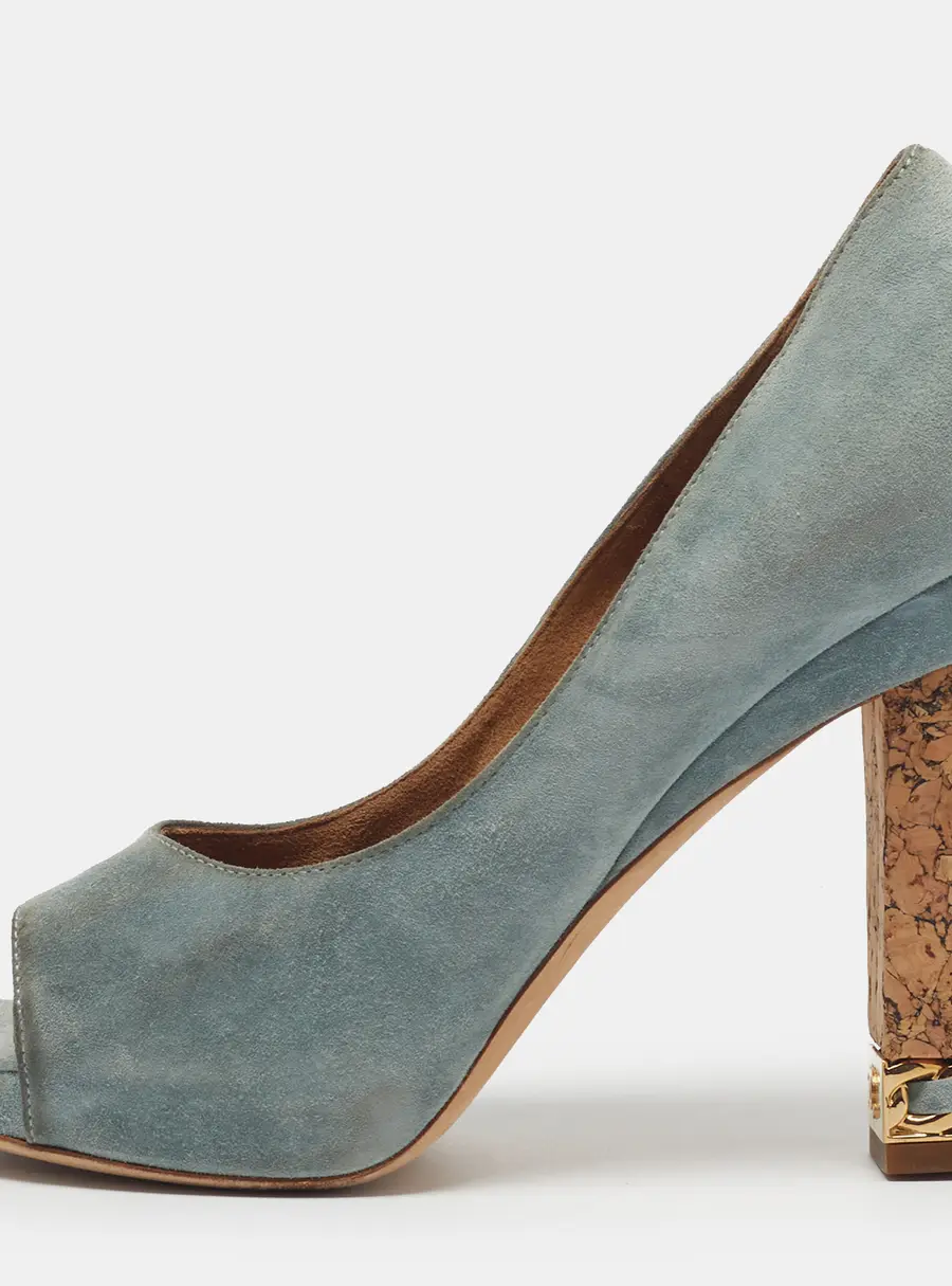 Chanel Size 36 Blue Suede Cork Heel Open Toe Pumps