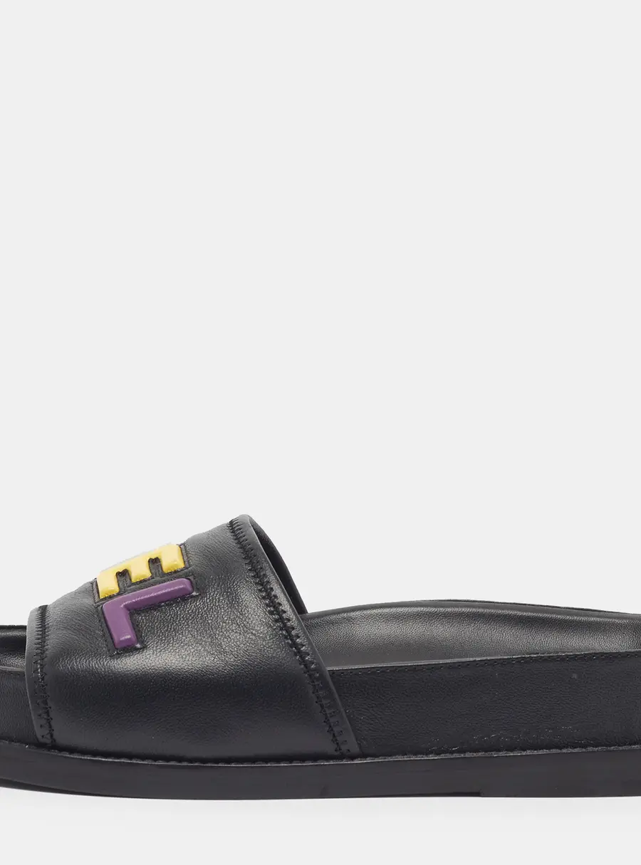Chanel CC Size 36 Black Leather Rainbow Logo Flat Sandals