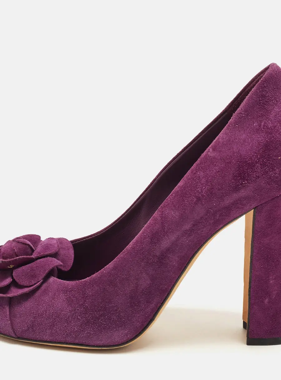 Chanel Camelia CC Size 37.5 Purple Suede Block Heel Pumps