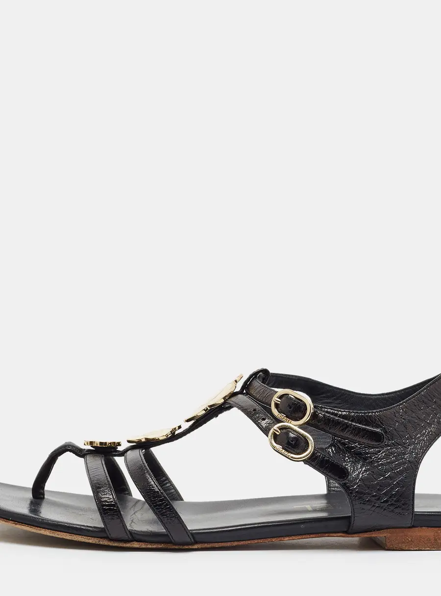 Chanel CC Size 38 Black Leather T Strap Thong Flat Sandals Sandals