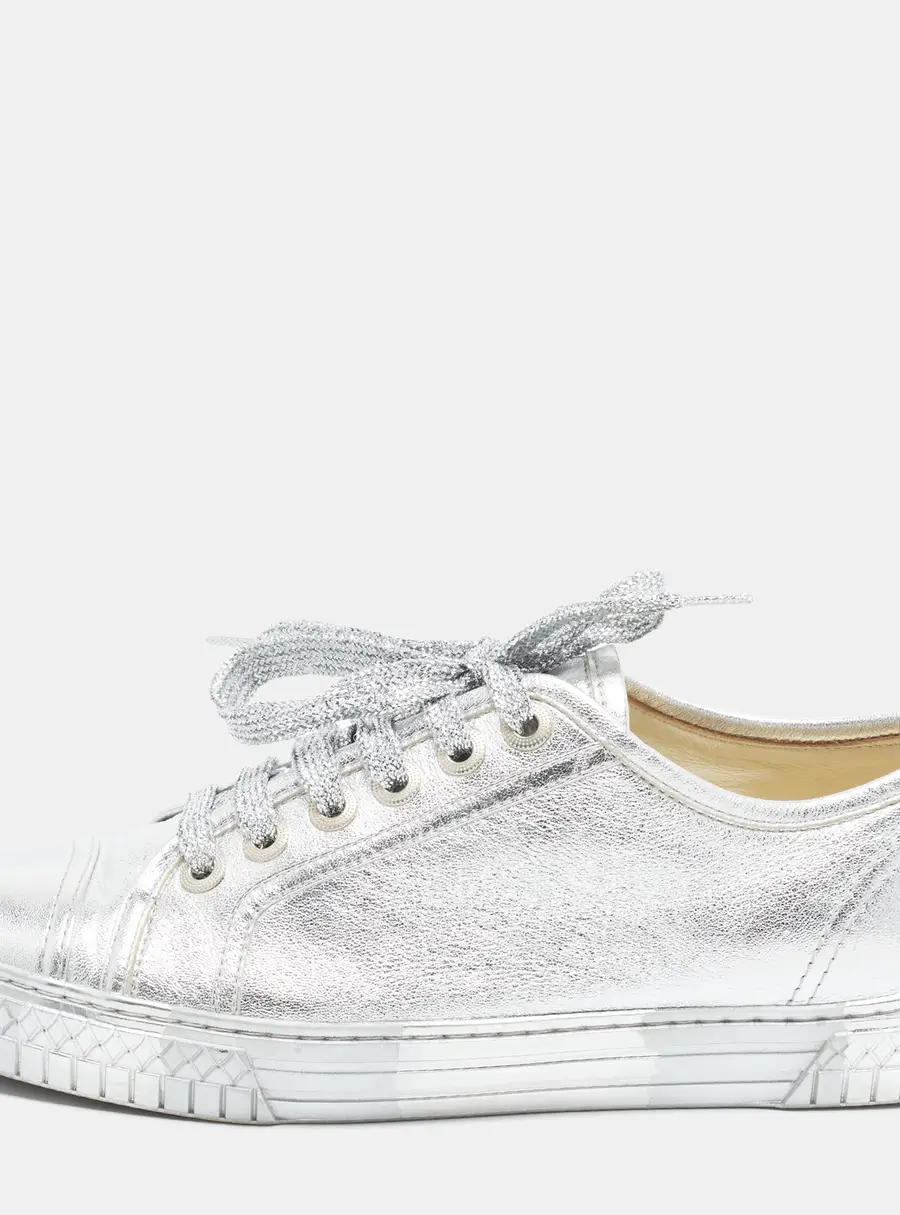 Chanel Size 37.5 Metallic Silver Leather Lace Up Sneakers