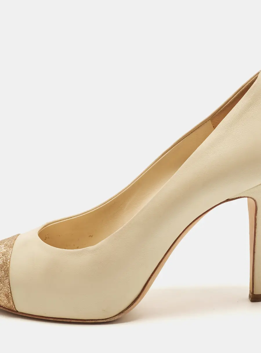 Chanel Size 37 Beige/Gold Glitter and Leather Cap Toe Block Heel Pumps