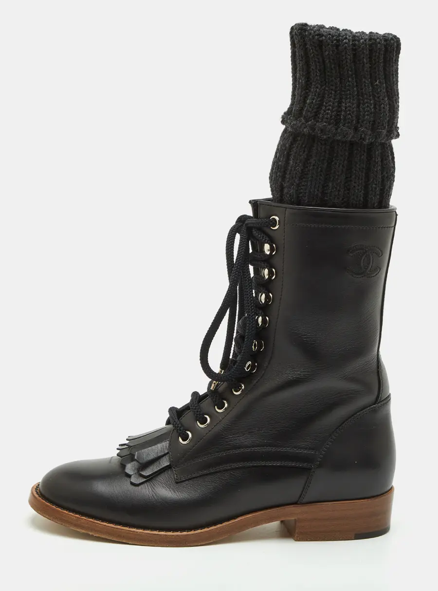 Chanel CC Size 37 Black Leather Sock High Combat Boots