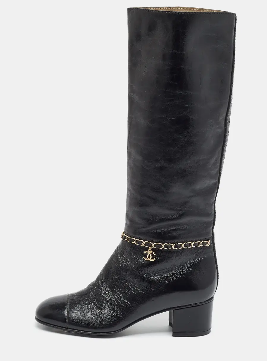 Chanel Size 37.5 Black Leather Knee Length Boots