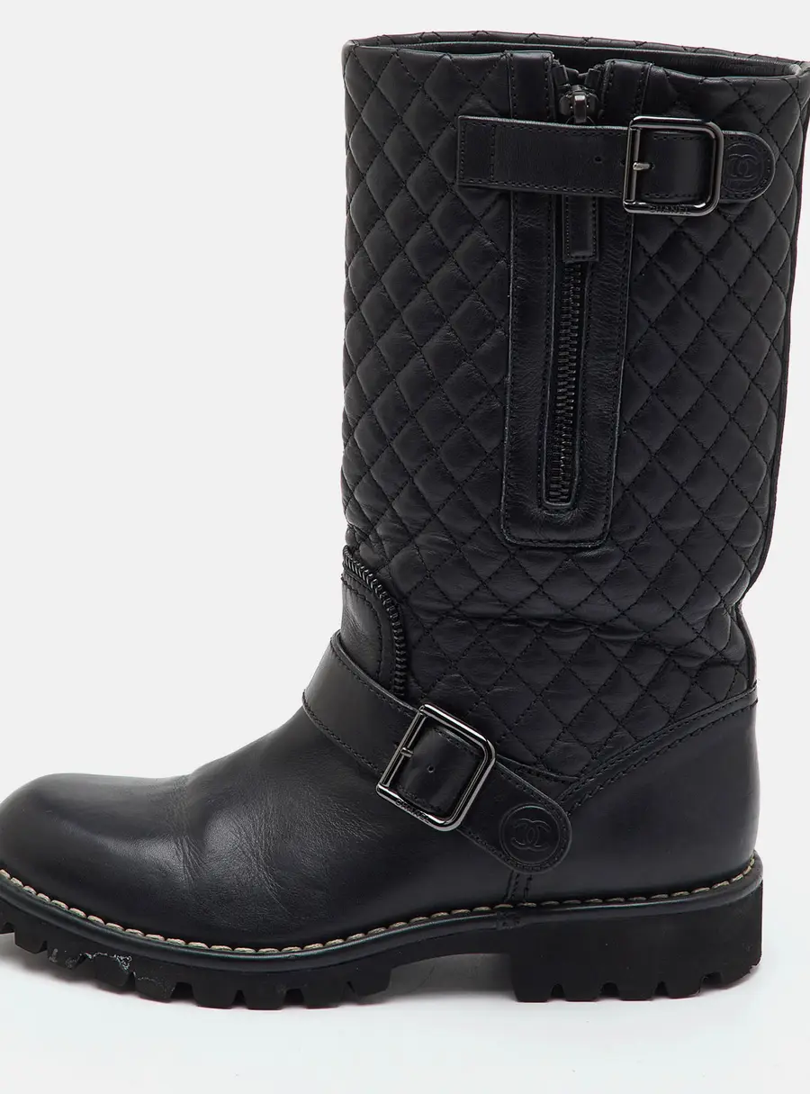 Chanel CC Size 36.5 Black Quilted Leather Mid Calf Boots