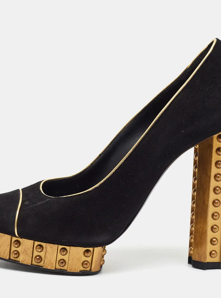 Chanel Size 37 Black/Gold Suede and Leather Platform Pumps