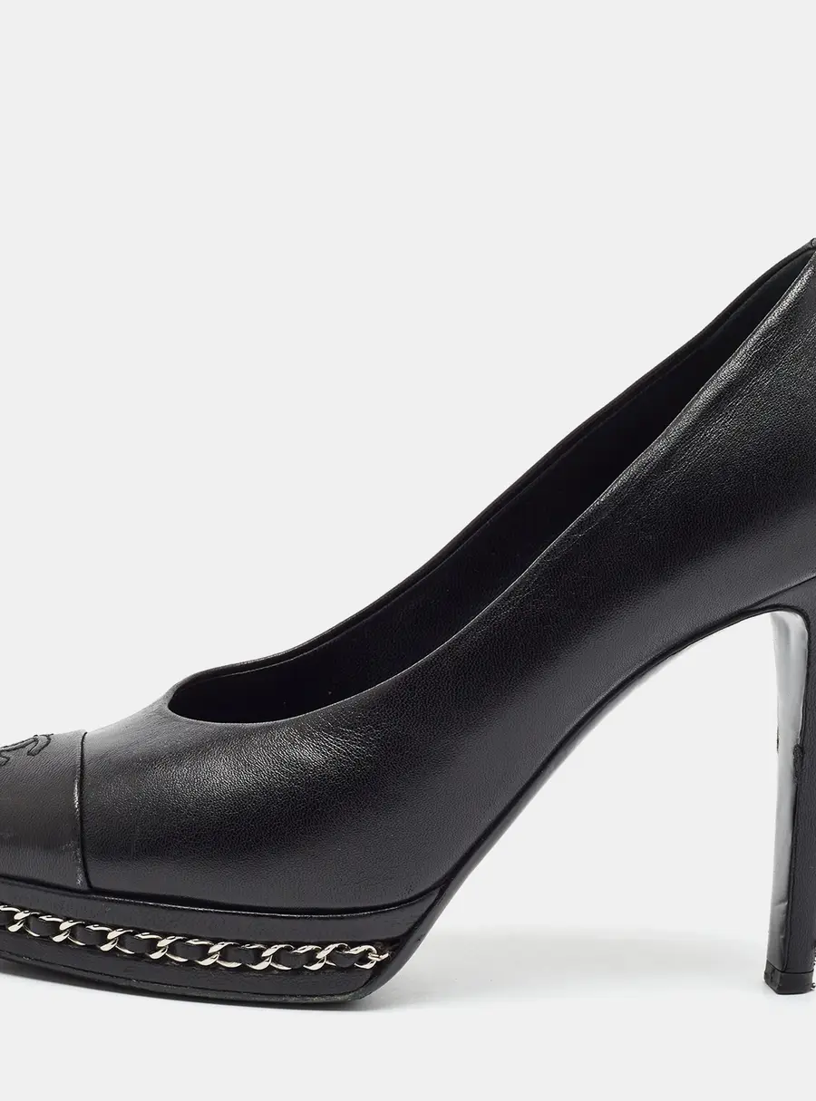 Chanel CC Size 39 Black Leather Chain Detail Cap Teo Platform Pumps