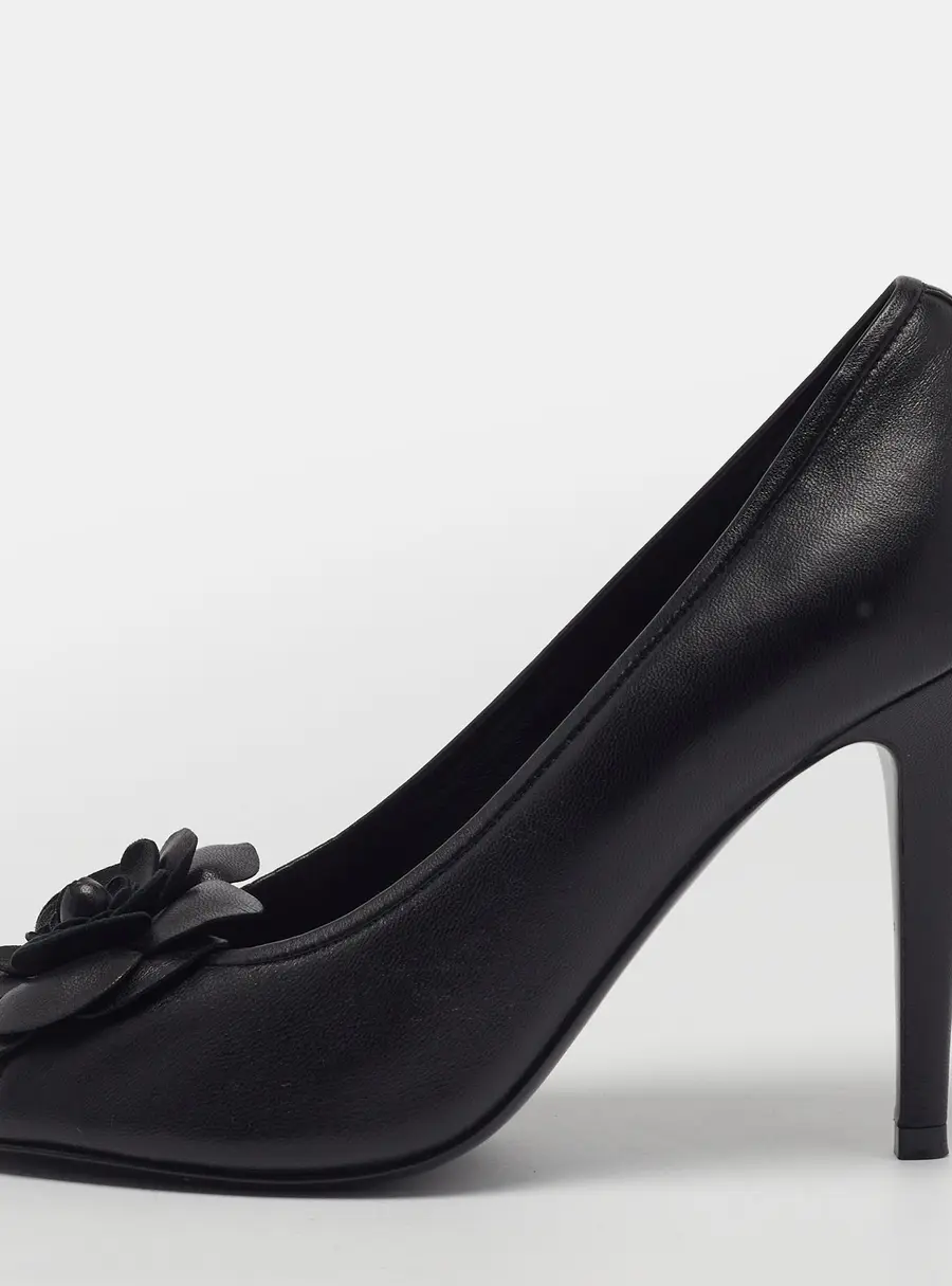 Chanel Camellia Size 37 Black Leather Peep Toe Pumps