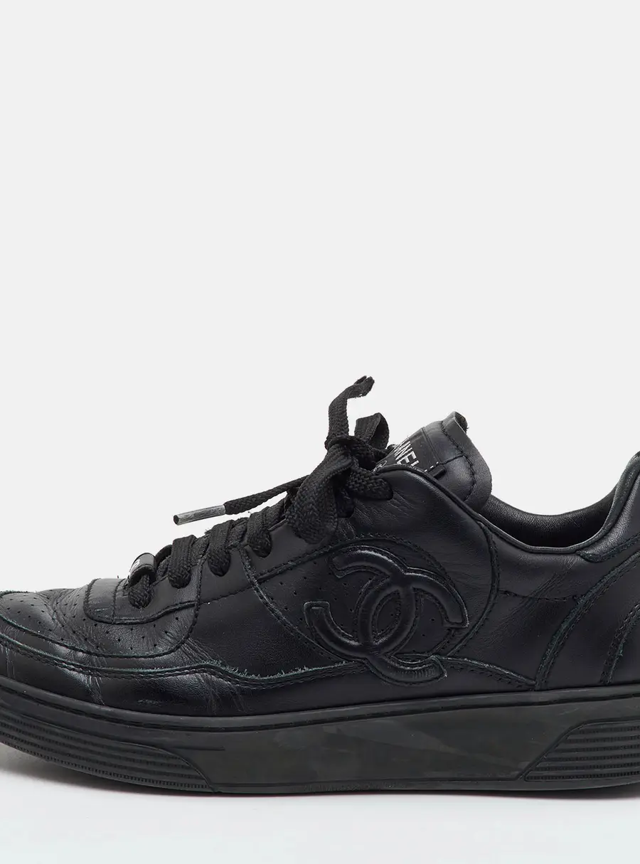 Chanel CC Size 37 Black Perforated Leather Low Top Sneakers