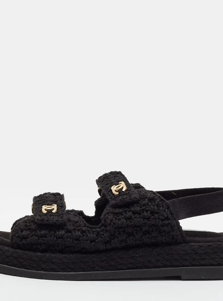 Chanel Dad Size 39 Black Crochet Interlocking CC Logo Slingback Sandals